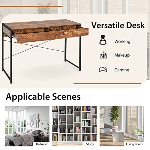 Tangkula Industrial Computer Desk with 2 Drawers, Simple Study Writing Desk with Drawers, 44 Inches Laptop PC Workstation, Student Desk Home Office Desk Ideal for Bedroom & Office (Rustic Brown) - color: Rustic Brown