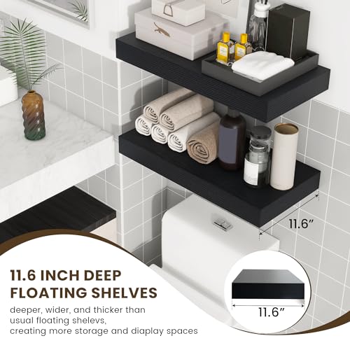 Deep Floating Shelves, 24'' x 12'' Black Shelves for Wall Set of 2 | Invisible Brackets, Engineered Wood, Mounting Hardware Included, 40LBS, Bathroom, Laundry Room, Kitchen, Living Room - color: Black, size: 24W x 11.6D x 2H, 2 Pack