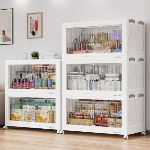 BROVIEW 1000QT Extra Large Stackable Storage Bins with Lids, 5Pack White | 250Gal Plastic Collapsible Cabinets Containers, Wheels & PET Doors, Foldable Closet Organizers Drawers for Office, Dorm - color: White, size: 50Gal-5Pack