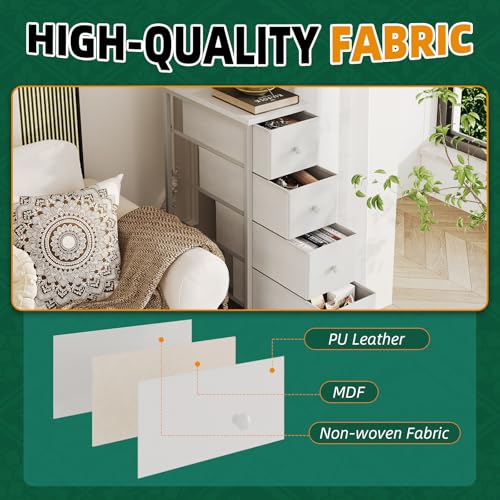 Narrow Dresser, 19" Wide Narrow Nightstand Dresser Storage Tower with 5 Drawers, Slim Fabric Dressers Chest of Drawers for Small Spaces, Wood Top & Fabric Bins for Bedroom Bathroom Closet (White) - color: White