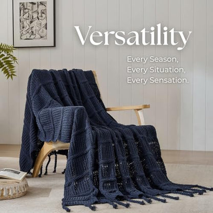 Boho Knitted Chenille Blanket with Tassels - Lightweight & Soft All-Season Throw - 3D Classic Pattern for Living Room Bedroom Couch, Royal Blue, King 90"x108" - color: Royal Blue, size: King