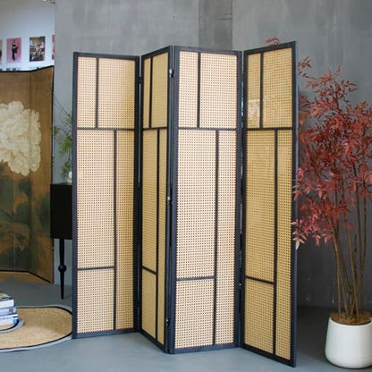 4 Panel Rattan Room Divider, 5.6 ft Tall Double-Sided Folding Privacy Screen for Room Separation, Decorative Panel Screen with Brown Wood Frame for Home & Office (67" H x 63" W)