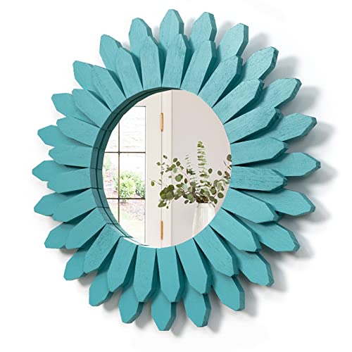Beach Wall Decor Mirror 12 inch Wood Coastal Wall Decor Sunburst Boho Home Decor Room Decor for Bedroom Living Room Bathroom Cyan - color: Cyan, size: 12 inch (1 pack)