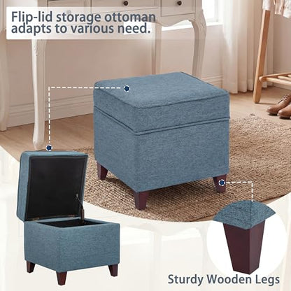 Linen Storage Ottoman with Wooden Legs, 17" Square Upholstered Flip-Top Footrest Stool, Extra Seat or Coffee Table for Living Room, Bedroom, Entryway, Blue - color: Blue