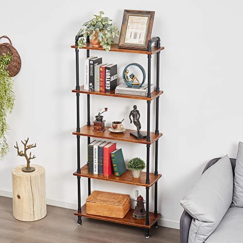Industrial Bookshelf, Pipe Shelf Bookcase, 5 Tier, 30" Rustic Brown | Solid pine shelves, 30 inch wide, black pipe frame, 35 lbs per shelf, open bookcase for books, plants, office - color: Rustic Brown, size: 30"L × 70"H
