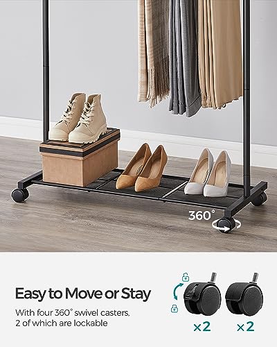 SONGMICS Clothes Rack with Wheels, Double-Rod Clothing Rack for Hanging Clothes, 25.4mm Metal Garment Rack with Dense Mesh Storage Shelf, 110 lb Load Capacity, 2 Brakes, Black UHSR027B01 - color: Black, style: Middle Rod