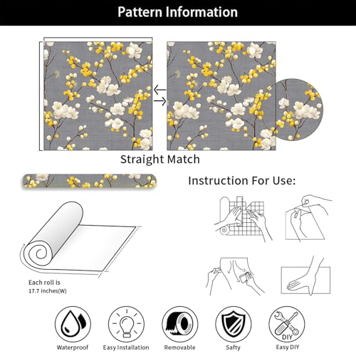 Elegant Chinoiserie White Plum Blossom Golden Bud Motif Peel and Stick Wallpaper Easy Peel Off Contact Paper Stick on Adhesive Wall Paper for Bathroom Waterproof Renter 17.71"x118.1" - color: LD-136a, size: 17.7" x 118"
