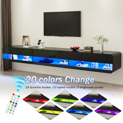 St.Mandyu Floating LED TV Stand for TVs Up to 100 inch, 94.5 inch Modern Entertainment Center with Led Lights & Power Outlet, Wall Mounted Hanging Media Console for Living Room, Black - color: Black
