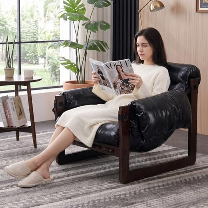 Modern Leather Accent Chair, Mid Century Reading Chair with Solid Wood Frame and Removable Padded Armrests, Upholstered Armchair with Soft Cushion for Bedroom Balcony Lounge Reading Room, Retro Black - color: Pu Leather-black