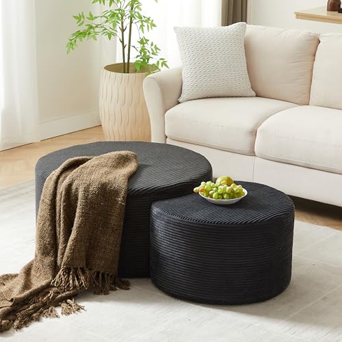 49.7'' Foam Round Nesting Coffee Table Set of 2, Modern Upholstered Side End Table Ottoman Footrest, No Assembly, Black - color: 49.7''-black
