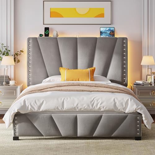 EnHomee Full Size Bed Frame with LED Lights & USB, Noise-Free, Grey | Adjustable Velvet Headboard，Under-Bed Storage，Heavy Duty Support with 12 Slats，No Box Spring Needed，Easy Assembly for Bedroom - color: Grey, size: Full