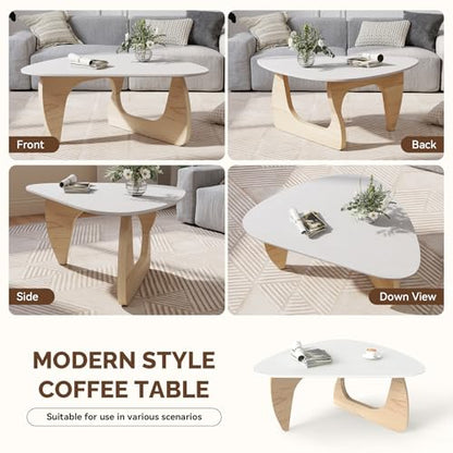 Modern Wood Coffee Table, Triangle Center Table with Premium Wooden Top& Unique Base, 35.5” Small Mid Century Tea Tables for Living Room, Apartment, Office,White&Light Natural Wood - color: White&light Natural Wood, size: Medium 35.5*25.5*15.7in