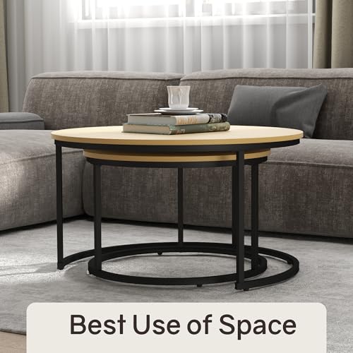 Otterease Nesting Tables Set of 2, 31.5" Round Coffee Table, Small Nesting Coffee Table with Adjustable Non-Slip Fee, Wood Grain Top Nesting Tables for Living Room, Bedroom (Wood Grain Light Brown) - color: 31.5" Wood Grain Light Brown