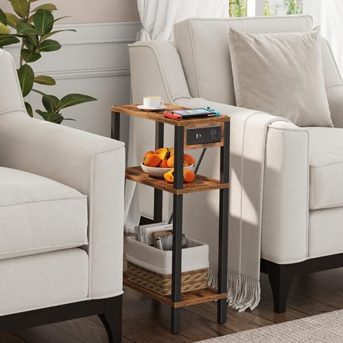 TUTOTAK Narrow Side Table, 3-Tier Small End Table with Charging Station | Skinny Sofa Table, Slim Nightstand, Easy Assembly for Living Room, Bedroom, Brown TB01BB079 - color: Brown, size: 3-tier