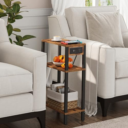 TUTOTAK Narrow Side Table, 3-Tier Small End Table with Charging Station | Skinny Sofa Table, Slim Nightstand, Easy Assembly for Living Room, Bedroom, Brown TB01BB079 - color: Brown, size: 3-tier
