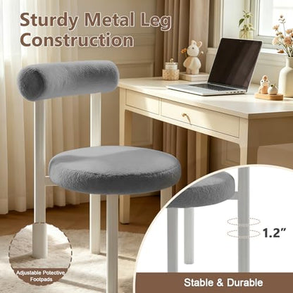 Cute Small Armless Desk Chair, Ergonomic Comfy Vanity Chairs Lumbar Support with Back for Makeup, Teddy Fabric Computer Desk Chair for Home, Bedroom, Vanity, Teens, Adults - color: Grey
