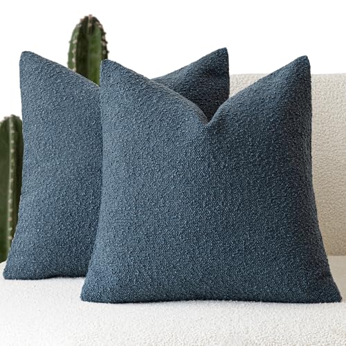 Foindtower Set of 2, Decorative Textured Boucle Throw Pillow Covers Accent Solid Pillow Cases Neutral Soft Cozy Couch Cushion Case for Chair Sofa Bedroom Living Room Home Decor 16 x 16 Inch Blue - color: Nightfall, size: 16" x 16" (Pack of 2)