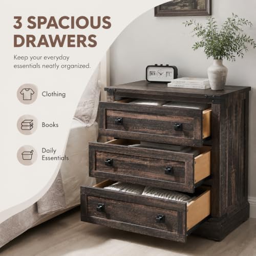 T4TREAM 32" Farmhouse 3 Drawer Dressers, Large End Table w/Charging Station | Rustic Wood Bedside Table for Bedroom, Living Room, Hallway, Dark Rustic Oak - color: Dark Rustic Oak, size: 15.8"D x 32"W x 32"H (3 Drawers)