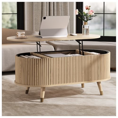 SULIVES Oval Coffee Table with Storage,Multifunctional Lift Top Drum Coffee Table, Small Fluted Center Table for Living Room, Oak - color: Oak_oval