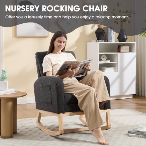 Rocking Chair Nursing, Rocker Chair with Footrest (Dark Grey) | Teddy Boucle Upholstered Accent Reading Chair with High Back & Side Pocket for Living Room Bedroom Nursery Office - color: Dark Grey