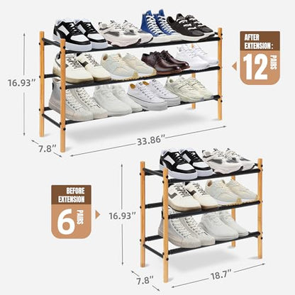Storage MANIAC Expandable Shoe Rack, 12 Pairs Stackable Small Shoe Rack, Metal Adjustable Shoes Organizer for Closet, Entryway, Hallway, Garage, Front Door, Shoes Shelves, Bamboo 3 Tier - size: 3 Tier