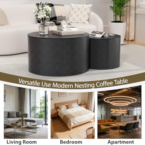 Nesting Coffee Table Set of 2, Round, Black | Hidden Storage, Leather Wrapped, Stackable End Tables, No Assembly Required, For Small Space Living Room Apartment - color: Black
