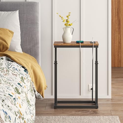 TUTOTAK End Table with Charging Station, Side Table, Tall Couch Table | Sofa Table, for living Room, Bedroom, Brown TB01BB084 - color: Brown, size: 1 Pack, style: With Plug