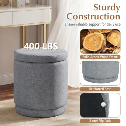 GIANTEX Round Ottoman with Storage, Chenille Fabric Vanity Stool with Removable Lid, Acacia Wood Frame, Ottoman Foot Rest for Living Room, Bedroom, Makeup Room No Assembly (Warm Light Gray)