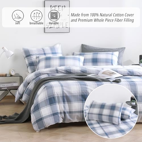 LEMIROE Vintage Cotton Comforter Queen Size 3Pcs - Classic Tartan Plaid Pattern with Denim Blue, Soft Gray and White, Lightweight Bedding Sets with Soft Fill(1 Comfoter 90"×90", 2 Pillowcases) - color: Tartan Plaid - Denim Blue & White, size: Full/Queen (