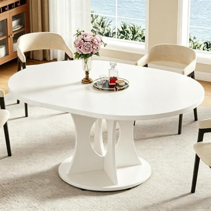 43-59" Expandable Round Dining Table, Kitchen Table with Hidden Storage | Space Saving White Modern Design, Solid Pedestal Base for Dining Room & Small Apartments, Wood Table, Easy Assembly