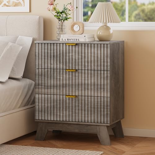 Fluted Nightstand with 3 Large Drawers, Wooden Side End Table with Elevated Legs for Easy Cleaning, Sturdy Modern Beside Table for Small Space, Bedroom, Grey, 24" L - color: Grey