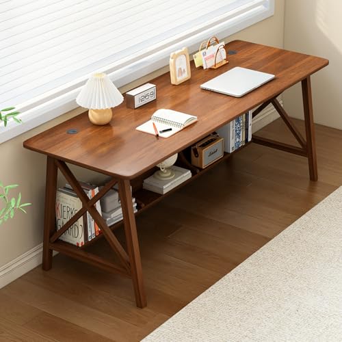 NELYE Extra Long Writing Desk with Bookshelf, 63" Wx24 Dx30 H, Walnut | Wooden Home Office Work Study Table, Computer Gaming Workstation with Storage Shelf, Sturdy MDF Resists Wobble - color: Walnut, size: 63"W24"D