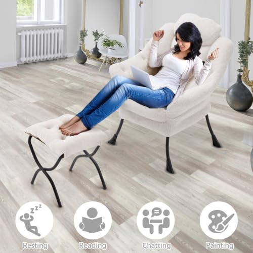 Lazy Chair with Folding Ottoman,Leisure Sofa Chair,Soft Fabric Armchair with Armrests and Side Pockets, Reading Chair with Footrest for Living Room, Bedroom, Office (Plush Beige) - color: Plush Beige