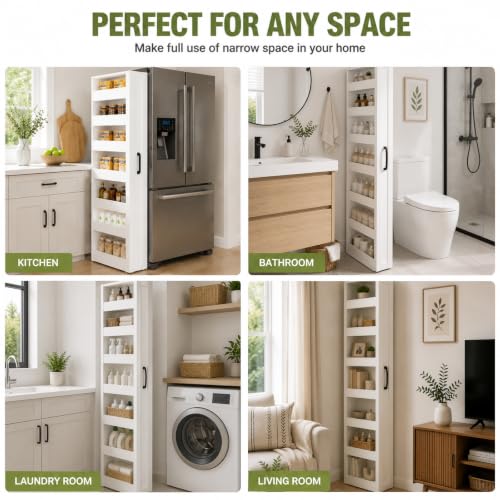 Tall Narrow Storage Cabinet, 71 Inch Tall, 8 Inch Wide, White | 7-Shelf Slim Pull-Out Organizer with Wheels for Small Spaces, Kitchen, Bathroom, Laundry Room and Narrow Gaps - color: D-white