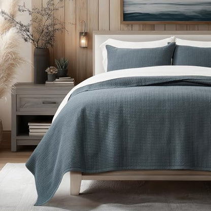 100% Cotton Modern Grid Stitch Quilt Set Queen Size Midnight Blue | Pre-Washed Cotton Coverlet Bedspread, Oversized Lightweight 3-Piece Bedding Set for All Season, with 2 Pillow Shams - color: Midnight Blue, size: Full/Queen (96" X 94")