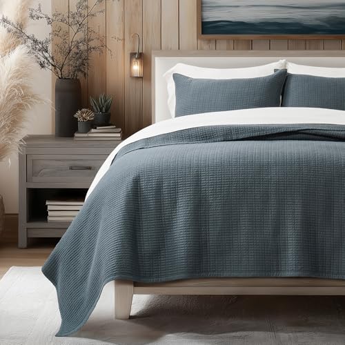 100% Cotton Modern Grid Stitch Quilt Set King Size, Midnight Blue | Pre-Washed Cotton Coverlet Bedspread, Oversized Lightweight 3-Piece Bedding Set for All Season, with 2 Pillow Shams - color: Midnight Blue, size: King (110" X 94")