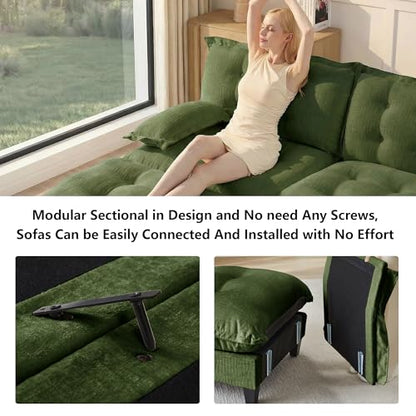 Deep Loveseat Couch with Ottomans,Modular Sectional 2 Seater Cloud Sofa with Ottoman,Tufted Chenille Double Chaise Sofas,Modern Lounger Couches for Living Room Small Spaces - color: Green, size: 2+2