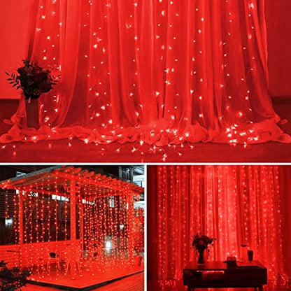 SUNNEST LED Curtain Lights Christmas, 300 LEDs 9.8FT x 9.8FT USB Curtain String Light with 8 Lighting Modes Wall Lights with Remote Control, Twinkle Light for Bedroom Decoration (Red)