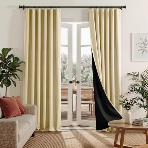 RYB HOME 100% Blackout Beige Curtains for Living Room 90 inches Long | Heat & UV Blocking, Total Room Darkening, Noise Reducing, Back Tab, For Bedroom Dining Room Theater, W52 x L90, 2 Panels - color: Beige, size: 52"W x 90"L (Pack of 2)