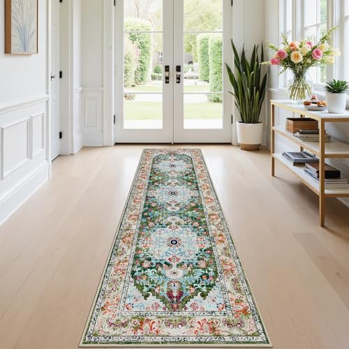 U'Artlines 2'x7' Boho Hallway Runner Rug Non Slip Washable Runners,Green | Vintage Farmhouse Kitchen Rug Accent Area Carpet for Entryway Laundry and Living Room - color: Green, size: 2' x 7' (Runner)