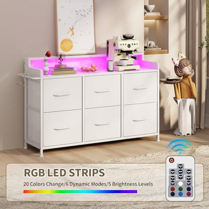 6 Drawer Dresser with Charging Station & LED, Storage Organizer for Bedroom | White Fabric Dresser, Chest of Drawers, TV Stand, Adjustable LED Light, Sturdy Frame, Wood Top, Side Hooks, Fits Small Spaces - color: White