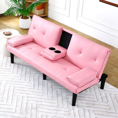 67" Futon Sofa Bed, Convertible Leather Futon Couch (Pink) | Sleeper Bed Couches with Adjustable Backrest, Cup Holders, Comfy Folding Loveseat Couch for Small Spaces Living Room Office - color: Pink