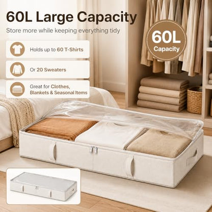Side-Supported Under Bed Storage Containers, 6 Inches Tall 60L Underbed Storage Bins with Sturdy Handles and Sidewalls, Closet Organizer for Clothes, Blankets, Seasonal Items, Beige, 2-Pack | Underbed Storage Bin with Sturdy Handles and Sidewalls, Closet