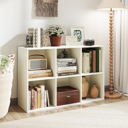 Giantex 6-Cube Bookcase, 3-Tier Cubby Bookshelf, Horizontal Vertical Display Rack with Anti-Tipping Kits, Modern Storage Organizer Shelf Unit for Bedroom, Living Room, Study Room, White | Horizontal Vertical Display Rack with Anti-Tipping Kits, Modern Sto