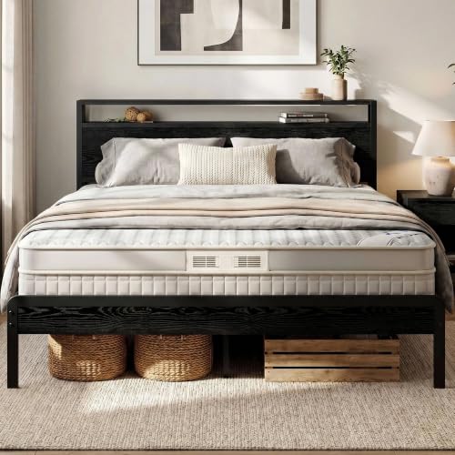 LIKIMIO Queen Bed Frame with 2-Tier Storage Shelf Headboard | Dark Wood Platform Bed, Camas Queen with Strong Metal Supports, Sturdy, Noise-Free, No Box Spring Needed, Black - color: Black, size: Queen