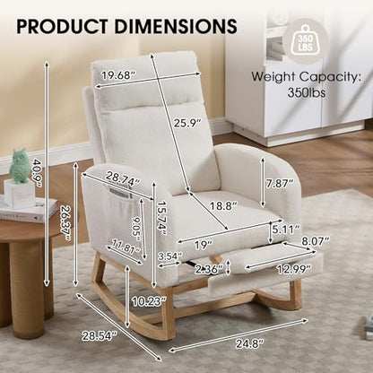 Rocking Chair Nursing, Rocker Chair with Footrest (White Modern) | Teddy Boucle Upholstered Accent Reading Chair with High Back & Side Pocket for Living Room Bedroom Nursery Office - color: White Modern