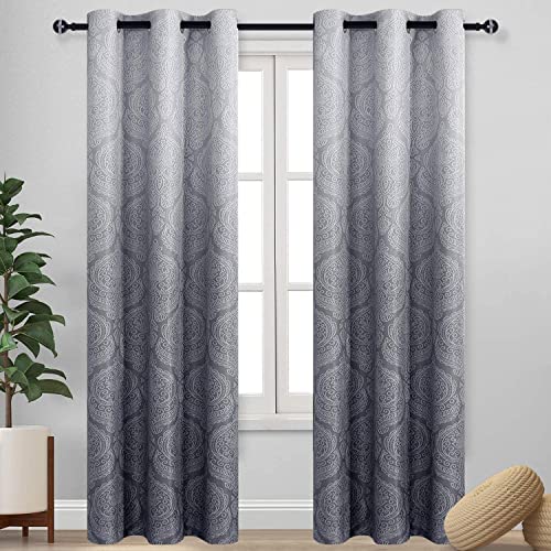 DWCN Grey Ombre Blackout Curtains for Bedroom - Damask Patterned Thermal Insulated Energy Saving Grommet Curtains for Living Room, Set of 2 Gradient Window Curtain Panels, 36 x 84 Inch Length, Grey - color: Grey, size: 36"W x 84"L (Pack of 2)
