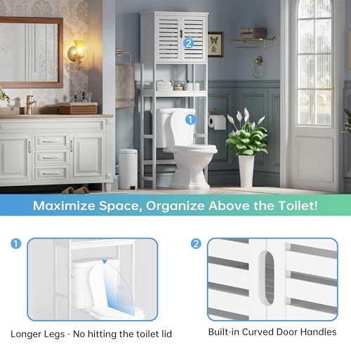 SMIBUY Bathroom Over The Toilet Storage Cabinet, 2 Door Bamboo Cabinet Organizer, Freestanding Space Saver Toilet Rack with Adjustable Inside Shelf and Open Shelf (White) - color: White