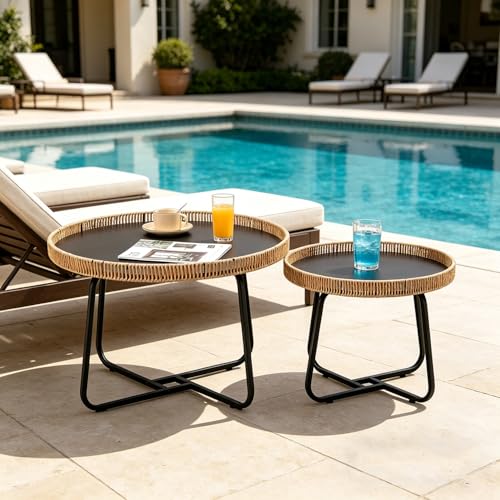 Round Woven Nesting Table, Wicker Coffee Table and Side Table Set of 2 | Metal Legs, for Living Room\ Outdoor\ Bedroom\ Office\ Balcony\ Patio, with Lip on Top