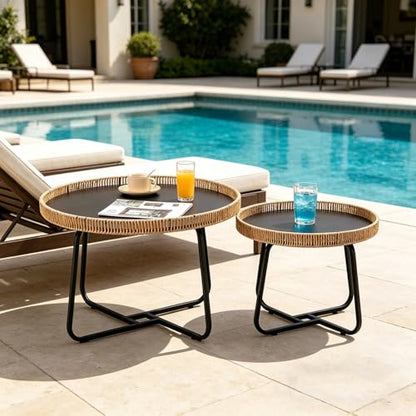 Round Woven Nesting Table, Wicker Coffee Table and Side Table Set of 2 | Metal Legs, for Living Room\ Outdoor\ Bedroom\ Office\ Balcony\ Patio, with Lip on Top
